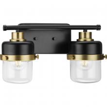 Progress P300423-31M - Beckner Collection Two-Light Matte Black Clear Glass Urban Industrial Bath Light with Vintage Brass