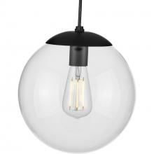 Progress P500310-031 - Atwell Collection 10-inch Matte Black and Clear Glass Globe Medium Hanging Pendant Light